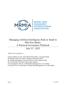 Managing Artificial Intelligence Risk in Small to Mid-Size Banks: A Practical Governance Playbook